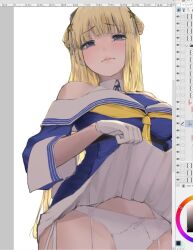 1girl art_program_in_frame blonde_hair blue_eyes blue_shirt blush breasts clothes_lift double_bun fletcher_(kancolle) garter_belt garter_straps gloves hair_bun hair_ornament highres kantai_collection large_breasts long_hair looking_at_viewer mmk_(majinai_no_mori) neckerchief off_shoulder panties panties_over_garter_belt sailor_collar school_uniform serafuku shirt skirt skirt_lift star_(symbol) star_hair_ornament underwear unfinished white_garter_belt white_garter_straps white_panties
