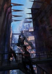 2boys absurdres bad_id bad_pixiv_id city denchou highres hover_bike male_focus multiple_boys original star_(symbol)