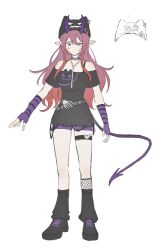 1girl alternate_costume amo20839453 arknights ascalon_(arknights) bare_legs bare_shoulders belt black_dress black_eyes black_hat black_shoes black_socks bra_strap chinese_commentary choker commentary_request dress facial_mark fingerless_gloves full_body gloves goth_fashion hat highres horns long_hair looking_at_viewer loose_socks off-shoulder_dress off_shoulder pencil_dress pointy_ears purple_gloves purple_hair shoes short_dress short_sleeves simple_background socks solo standing tail thigh_strap very_long_hair white_background