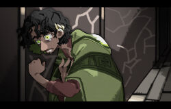 Rule 34 | 1boy, arepa, brown hair, brown lips, bruno madrigal, colombian clothes, curly hair, dark-skinned female, dark-skinned male, dark skin, encanto, facial hair, goatee, highres, looking at viewer, mustache stubble, open mouth, poncho, short hair, simple background, stubble, sweetp247