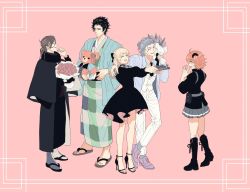 2girls 3boys :d ^_^ ahoge alternate_costume arm_around_shoulder belt_pouch black_bow black_cloak black_dress black_eyes black_footwear black_gloves black_hair black_kimono black_necktie black_scarf black_scrunchie black_shirt blonde_hair blue_hair blue_jacket boots bouquet bow braid brown_hair checkered_clothes checkered_kimono cloak closed_eyes closed_mouth collared_shirt crossed_ankles dress facing_another fate/grand_order fate_(series) flower framed fujimaru_ritsuka_(female) fujimaru_ritsuka_(female)_(polar_chaldea_uniform) full_body gift gloves green_kimono grey_legwear grey_shirt grey_skirt hair_between_eyes hair_bow hair_bun hair_slicked_back half_updo hand_to_own_mouth haori high_heels highres hijikata_toshizou_(fate) holding holding_bouquet holding_gift holding_stuffed_toy jacket japanese_clothes kimiruun kimono lace-up_boots long_sleeves looking_at_another looking_at_object medium_hair multiple_boys multiple_girls necktie okita_souji_(fate) one_side_up open_mouth orange_hair outstretched_arms own_hands_clasped own_hands_together pants parted_lips pink_background pink_flower pink_rose pleated_skirt pouch purple_flower purple_footwear purple_tulip rose saitou_hajime_(fate) sandals scarf scrunchie shirt shoes short_hair single_glove single_hair_bun skirt smile standing stuffed_animal stuffed_toy suit_jacket tabi teddy_bear toeless_footwear tulip vest white_legwear white_pants white_vest yamanami_keisuke_(fate) yellow_eyes zouri