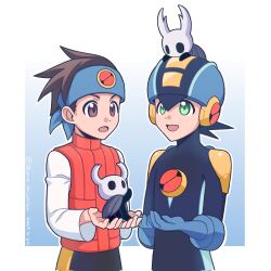 2boys black_shorts blue_background blue_bodysuit blue_headband blue_helmet bodysuit brown_hair character_request corrupted_twitter_file cowboy_shot crossover gradient_background headband helmet highres hollow_knight knight_(hollow_knight) lan_hikari_(mega_man) mega_man_(series) mega_man_battle_network_(series) megaman.exe mini_person multiple_boys on_head orange_vest shmz_shiomizu shorts simple_background vest