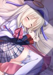 Rule 34 | 1girl, blush, closed eyes, commentary request, hat, highres, kud wafter, kudpoid (71139), little busters!, little busters! school uniform, long sleeves, lying, miniskirt, noumi kudryavka, on side, parted lips, plaid clothes, plaid skirt, pleated skirt, school uniform, skirt, sleeping, solo, thighhighs, white hat, white thighhighs