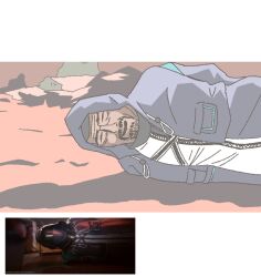 1boy 1other ambiguous_gender arknights arms_behind_back beard black_coat breaking_bad coat crying doctor_(arknights) facial_hair highres hood hood_up hooded_coat lying meme on_side parody screenshot_inset walter_white walter_white_breaks_down_(meme) ytheli