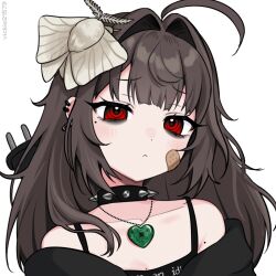 1girl ahoge animal animal_on_head artist_name bags_under_eyes bandaid bandaid_on_cheek bandaid_on_face bare_shoulders black_shirt brown_hair bug cable cable_tail choker circuit_board closed_mouth electric_plug electric_plug_tail hair_intakes heart heart_necklace highres insect jewelry long_hair looking_at_viewer mechanical_tail mole mole_under_eye moth necklace off_shoulder on_head original portrait red_eyes shirt simple_background solo spaghetti_strap spiked_choker spikes tail vickie_(cryingrobot) vickie_(cryingrobot)_(character) white_background