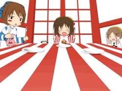 3d 3girls animated animated_gif brown_hair ekkusu_kyuuzu fork hungry kaibutsu_oujo knife lowres multiple_girls parody qvga suigetsu waha yamato_suzuran