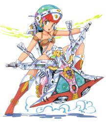 1980s_(style) 1girl blue_eyes boots bottomless breasts brown_eyes cleavage convenient_censoring full_body gloves helmet highres hover_vehicle knee_boots konoma_waho looking_at_viewer non-web_source official_art oldschool open_mouth original retro_artstyle riding science_fiction short_hair simple_background solo white_background white_gloves