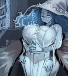 1girl blue_hair blue_skin bookshelf breasts colored_skin cracked_skin doll_joints elden_ring extra_arms hat huge_breasts joints kelvin_hiu one_eye_closed ranni_the_witch robe solo steepled_fingers witch_hat