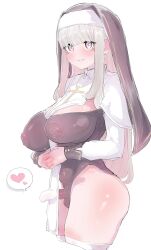 1futa blunt_bangs blush breasts capelet cleavage clothing_cutout covered_erect_nipples covered_navel cowboy_shot emanonta futanari heart highres huge_breasts large_breasts long_hair long_sleeves medium_penis nipples nun original penis see-through_clothes smile solo standing thighhighs white_background white_hair white_thighhighs