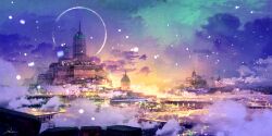 absurdres arch architecture bridge building castle city city_lights cityscape cloud cloudy_sky evening floating_city fog galaxy gothic_architecture gradient_sky highres kurasuta landscape neon_palette original outdoors palace purple_sky scenery sky skyline skyscraper spire star_(sky) star_(symbol) starry_sky starry_sky_background sunset tower wall