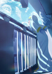 1girl :d absurdres blue_hair blue_sky clothes_hanger cloud commentary_request day from_side green_eyes highres index_(toaru_majutsu_no_index) long_hair nun open_mouth pension_z robe shadow shaped_cloud sky smile solo standing teeth toaru_majutsu_no_index upper_teeth_only veranda