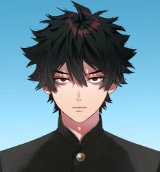 1boy black_hair blue_background closed_mouth expressionless gakuran gradient_background hair_between_eyes highres looking_at_viewer male_focus mogari_shishikuno neoshoco phantom_busters portrait red_eyes school_uniform short_hair simple_background solo