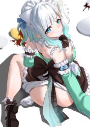 1girl absurdres accident ass blue_eyes blush breasts closed_mouth commentary detached_sleeves dress flying_sweatdrops food from_above from_behind green_dress green_panties green_sleeves hair_ornament highres indie_virtual_youtuber looking_at_viewer looking_back maid medium_breasts mint_fantome omelet omurice panties plate pointy_ears redi_(rasec_asdjh) short_hair simple_background solo tray triangular_headpiece two_side_up underwear virtual_youtuber white_background x_hair_ornament