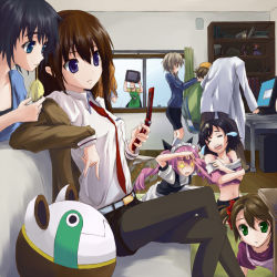 4boys 5girls akiha_rumiho amane_suzuha black_hair blue_eyes brown_hair cellphone child crt enatetsu everyone faris_nyannyan green_eyes hashida_itaru jacket kiryuu_moeka lab_coat long_hair makise_kurisu microsoft_windows midriff multiple_boys multiple_girls navel necktie okabe_rintarou pantyhose pantyhose_under_shorts phone purple_eyes red_necktie shiina_mayuri short_hair shorts steins;gate tennouji_nae tennouji_yuugo trap urushibara_ruka windows_95 windows_classic
