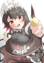 1girl absurdres apron black_hair black_pantyhose blush breasts candy crossed_legs dress ellen_joe feet_out_of_frame fins fish_tail food frilled_apron frilled_dress frilled_hairband frilled_wrist_cuffs frills guruguru_mobbu hair_ornament hairband highres holding holding_candy holding_food holding_lollipop large_breasts lollipop lollipop_in_mouth looking_at_viewer maid maid_apron maid_headdress mole mole_under_eye open_mouth pantyhose puffy_sleeves red_eyes red_hair shark_girl shark_tail sharp_teeth short_hair short_sleeves simple_background sitting solo tail teeth white_background wrist_cuffs x_hair_ornament zenless_zone_zero