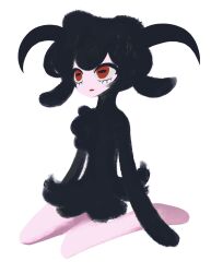 1girl animal_ears black_fur black_hair colored_skin commentary_request full_body highres horizontal_pupils horns kakke666 korean_commentary monster_girl no_lineart original pink_skin red_eyes sheep_ears sheep_girl sheep_horns simple_background sitting solo wariza white_background