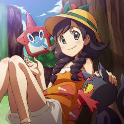 1girl black_hair braid cloud day game_freak gen_4_pokemon gen_7_pokemon hat litten long_hair lowres nanashi_(soregashi) nintendo orange_shirt pokedex pokemon pokemon_(creature) pokemon_usum rotom rotom_dex selene_(pokemon) selene_(pokemon_usum) shirt shorts sitting sky smile sun_hat tank_top twin_braids white_shorts