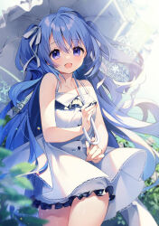 1girl :d bare_shoulders blue_eyes blue_hair blush collarbone dress hair_ribbon holding holding_umbrella lace long_hair looking_at_viewer open_mouth original outdoors ribbon sleeveless sleeveless_dress smile solo suimya two_side_up umbrella very_long_hair white_dress white_ribbon white_umbrella