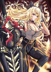 Rule 34 | 1girl, absurdres, arm strap, bare shoulders, black choker, black gloves, black horns, black pants, blonde hair, breasts, button gap, can, choker, collarbone, commentary, cowboy shot, curled horns, drink can, earrings, gloves, greatsword, hand up, highres, holding, holding can, horns, jewelry, kc yuki89, key earrings, large breasts, long hair, looking at viewer, mole, mole on breast, mole under eye, necktie, necktie around wrists, pants, red eyes, red necktie, shirt, shirt tucked in, solo, sword, torn clothes, torn shirt, weapon, white shirt, wuthering waves, zani (wuthering waves)