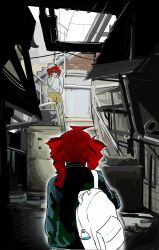 2girls alley alternate_costume backpack bag black_jacket building day drill_hair facing_another facing_away from_behind hand_in_pocket hand_on_own_cheek hand_on_own_face highres huan1034097 industrial_pipe jacket kasane_teto letterman_jacket liar_dancer_(synthesizer_v) long_hair long_sleeves meeting multiple_girls on_stairs outdoors outline red_hair shirt short_sleeves shorts shoulder_bag stairs standing t-shirt twin_drills ultra_trailer_(synthesizer_v) urban utau white_bag white_outline white_shirt yellow_shorts