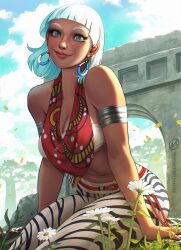 1girl animal_print armlet bandeau blue_eyes breasts cleavage dark-skinned_female dark_skin earrings elena_(street_fighter) flower highres jewelry looking_at_viewer pants petals scarf sitting smile solo street_fighter street_fighter_6 suddakka tree white_bandeau white_hair white_pants zebra_print