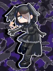 1girl black_gloves black_hair black_pantyhose black_shirt black_shoes black_skirt black_socks blue_eyes elbow_gloves feathers frilled_skirt frills gloves grey_hair grey_necktie hair_between_eyes hair_over_one_eye highres jungle_crow_(kemono_friends) kemono_friends loose_socks misony_oto multicolored_hair necktie pantyhose pleated_skirt sailor_collar school_uniform serafuku shirt shoes short_hair short_sleeves sidelocks signature skirt socks solo t-shirt