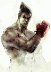 1boy balding black_hair clenched_hand closed_mouth facial_scar gloves glowing glowing_eye kawano_takuji male_focus mishima_kazuya official_art raised_fist red_eyes red_gloves scar scar_on_cheek scar_on_face simple_background solo studded_gloves tekken tekken_4 thick_eyebrows topless_male upper_body v-shaped_eyebrows white_background