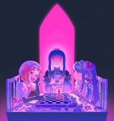 3girls :&lt; beret black_dress black_gloves blonde_hair blue_hair blunt_bangs bow bowtie chair chess_piece chessboard choker closed_mouth cup dress elbow_gloves frederica_bernkastel furudo_erika gloves hair_bow hair_intakes hat highres hime_cut holding holding_cup holding_plate kapsule lambdadelta layered_sleeves long_hair long_sleeves looking_at_another looking_at_viewer multiple_girls multiple_hair_bows on_chair pink_bow plate puffy_short_sleeves puffy_sleeves red_eyes short_hair short_over_long_sleeves short_sleeves sitting standing table teacup twintails umineko_no_naku_koro_ni witch