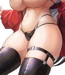 Rule 34 | 1girl, azur lane, bikini, black bikini, black choker, black hair, breasts, choker, close-up, jacket, large breasts, long hair, multi-strapped bikini bottom, navel, official alternate costume, race queen, red eyes, red jacket, swimsuit, taihou (azur lane), taihou (enraptured companion) (azur lane), thigh strap, thighhighs, yusha m