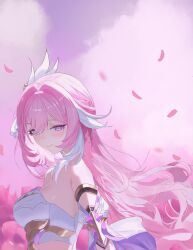 Rule 34 | 1girl, administrationok5043, breasts, commentary, corset, diamond-shaped pupils, diamond (shape), elysia (herrscher of human: ego) (honkai impact), elysia (honkai impact), english commentary, falling petals, field, flower, flower field, hair ornament, highres, honkai (series), honkai impact 3rd, large breasts, long hair, multicolored hair, petals, pink flower, pink hair, pink tulip, purple eyes, purple sky, sky, smile, solo, symbol-shaped pupils, tulip, two-tone hair, upper body, very long hair, white corset, white hair
