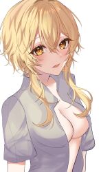 1girl blonde_hair breasts commentary genshin_impact grey_shirt highres hotaboshi_yazuki looking_at_viewer looking_up lower_teeth_only lumine_(genshin_impact) medium_breasts open_clothes open_mouth open_shirt shirt short_hair_with_long_locks short_sleeves sidelocks simple_background solo symbol-only_commentary teeth upper_body white_background yaduki100 yellow_eyes
