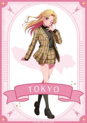 Rule 34 | 1girl, absurdres, belt, black shirt, black shoes, black socks, blonde hair, blush, brown jacket, brown skirt, hair between eyes, high heels, highres, hirayama kanna, hoshino ruby, jacket, long hair, official art, one eye closed, orange nails, oshi no ko, pink eyes, shirt, shoes, simple background, skirt, smile, socks, solo, star-shaped pupils, star (symbol), symbol-shaped pupils, teeth, white background