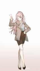 1girl absurdres bang_dream! bang_dream!_it&#039;s_mygo!!!!! belt black_skirt chihaya_anon full_body grey_eyes high_heels highres long_hair long_sleeves magazine_(object) one_eye_closed pink_hair ponytail shirt simple_background skirt smile standing v white_shirt zumion