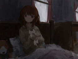 1girl absurdres aikatsu!_(series) bed brown_hair brown_shirt closed_mouth curtains hairo_(r228n) highres indoors long_sleeves ozora_akari pillow shirt solo stuffed_animal stuffed_cat stuffed_dog stuffed_toy under_covers window