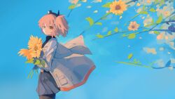 1girl a.i._voice absurdres adachi_rei black_pantyhose black_shirt blue_background closed_mouth crossed_legs flower from_side grey_skirt hair_ribbon headlamp highres hirachill16 holding holding_flower jacket long_sleeves looking_at_viewer open_clothes open_jacket orange_eyes pantyhose pocket radio_antenna ribbon shirt side_ponytail simple_background skirt solo sunflower utau white_jacket white_ribbon yellow_petals |_|