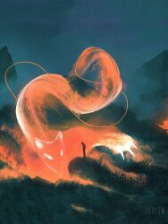 antennae claws dkaism fog fox full_body glowing glowing_eyes ledge limited_palette looking_at_another mountainous_horizon original outstretched_paw painterly standing