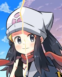 Rule 34 | 2girls, akari (pokemon), beanie, black shirt, blush, closed mouth, cloud, cocoa (p cocoa f), commentary request, dawn (pokemon), day, eyelashes, grey eyes, hair ornament, hairclip, hat, headscarf, highres, jacket, multiple girls, nintendo, outdoors, pokemon, pokemon dppt, pokemon legends: arceus, ponytail, red scarf, scarf, shirt, sidelocks, sky, sleeveless, sleeveless shirt, smile, split screen, white headscarf