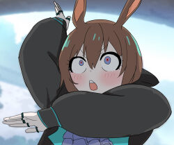 1girl akabeko123 amiya_(arknights) animal_ears arknights ascot black_jacket blue_eyes blush brown_hair commentary gundam gundam_gquuuuuux highres jacket jewelry kurosawa_tomoyo long_hair long_sleeves multiple_rings open_mouth parody purple_ascot rabbit_ears rabbit_girl ring solo teeth upper_body upper_teeth_only voice_actor_connection