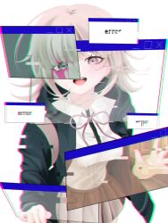 1girl absurdres breasts brown_hair brown_skirt collared_shirt danganronpa_(series) danganronpa_2:_goodbye_despair danganronpa_3_(anime) flipped_hair hair_ornament highres hood hope&#039;s_peak_academy_school_uniform jacket kon&#039;nichiwa long_sleeves looking_at_viewer medium_hair nanami_chiaki neck_ribbon open_clothes open_jacket pink_eyes pink_ribbon pleated_skirt ribbon school_uniform shirt skirt smile spaceship_hair_ornament two-tone_shirt white_shirt