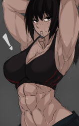 ! 1girl abs adjusting_hair armpits arms_behind_head black_eyes black_hair black_sports_bra breasts chest_blush closed_mouth eyes_visible_through_hair freckles frown grey_background hair_between_eyes hair_tie_in_mouth highres large_breasts looking_at_viewer mouth_hold muscular muscular_female original pants ponytail shoulder_blush simple_background solo sports_bra sportswear sweat tight_clothes tight_pants veins zokusuke