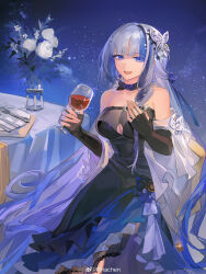 1girl absurdres black_dress blue_eyes blue_hair cup dress drinking_glass evening_gown fork girls&#039;_frontline girls&#039;_frontline_neural_cloud highres hubble_(neural_cloud) night official_alternate_costume plate rhachen sky solo spoon star_(sky) starry_sky utensil watermark weibo_username weibo_watermark wine_glass