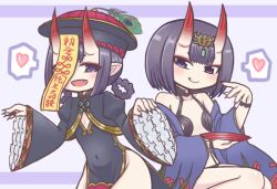 2girls :d :q bad_id bad_twitter_id bare_shoulders black_dress blush bob_cut braid braided_hair_rings breasts china_dress chinese_clothes closed_mouth covered_navel cup dress dual_persona eyeliner fang fate/grand_order fate_(series) fingernails hair_rings hat headpiece heart horns japanese_clothes jiangshi juliet_sleeves kimono long_fingernails long_sleeves looking_at_viewer makeup multiple_girls off_shoulder ofuda oni open_clothes open_kimono open_mouth pelvic_curtain pointy_ears puffy_sleeves purple_background purple_eyes purple_hair qingdai_guanmao revealing_clothes reverse_(bluefencer) sakazuki sharp_fingernails short_eyebrows short_hair shuten_douji_(fate) shuten_douji_(festival_outfit)_(fate) skin-covered_horns small_breasts smile spoken_heart tongue tongue_out twin_braids wide_sleeves