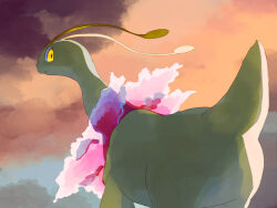 animal_focus antennae closed_mouth colored_skin flower fusenryo game_freak gen_2_pokemon green_skin looking_back meganium nintendo no_humans pokemon pokemon_(creature) solo yellow_eyes