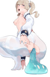 1girl anal anal_fluid anal_object_insertion anus barbara_(genshin_impact) bare_shoulders blonde_hair blue_eyes blurry blurry_background blush breasts cleft_of_venus commentary creature creature_inside detached_sleeves drill_hair english_commentary from_behind from_below genshin_impact half-closed_eyes highres light_brown_hair long_hair looking_back looking_down medium_breasts nipples no_panties no_shoes object_insertion okpriko open_mouth pantyhose simple_background slime_(creature) slime_(genshin_impact) solo spread_anus squatting sweat topless_female torn_clothes torn_pantyhose twin_drills twintails white_background white_pantyhose white_sleeves