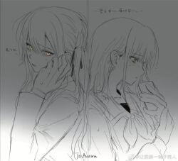 2girls bang_dream! bang_dream!_it&#039;s_mygo!!!!! blush cellphone chinese_commentary commentary_request holding holding_phone long_hair multiple_girls phone school_uniform sidelocks siy_(shengxiu760722) smartphone sweat talking_on_phone togawa_sakiko translation_request tsukinomori_school_uniform upper_body wakaba_mutsumi watermark weibo_watermark yellow_eyes