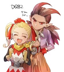 Rule 34 | 1boy, 1girl, belt, belt buckle, black shirt, blonde hair, brown hair, buckle, clenched hands, closed eyes, commentary request, couple, cowboy shot, dragon quest, dragon quest builders 2, dress, earrings, female builder (dqb2), gloves, hair horns, hair pulled back, hair ribbon, hand on own hip, hcomoch (mochizaki), headpat, highres, hoop earrings, jewelry, looking at viewer, low ponytail, midriff, neckerchief, necklace, open clothes, open mouth, open shirt, orange pants, pants, pointy ears, ponytail, purple shirt, red dress, red eyes, red gloves, red ribbon, ribbon, shirt, shirt under dress, sidoh (dqb2), silver earrings, skull belt, smile, spiked hair, tooth necklace, translation request, twintails, two-tone dress, white background, white dress, yellow gloves, yellow neckerchief