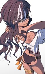Rule 34 | 1girl, absurdres, adjusting hair, arms behind head, ass, bare shoulders, bikini, black bikini, black hair, blood, blood on clothes, blood on face, blood on shoulder, centurion (reverse:1999), chahu lililala, cowboy shot, eyes visible through hair, from above, from behind, grin, hands up, highres, jewelry, long hair, looking at viewer, looking back, multicolored hair, off shoulder, reverse:1999, shirt, smile, solo, streaked hair, swept bangs, swimsuit, thighlet, torn clothes, torn shirt, v-shaped eyebrows, white background, white hair, white shirt, yellow eyes