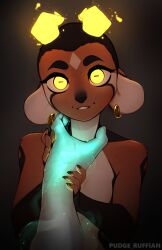 Rule 34 | 1girl, absurdres, artist name, body fur, breasts, brown fur, colored skin, demon girl, earrings, fingernails, gradient background, green skin, highres, horizontal pupils, horns, jewelry, kody (pudgeruffian), original, pudgeruffian, sharp fingernails, small breasts, smile, solo, teeth, upper body, yellow eyes