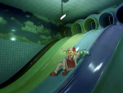 0326_ota 1girl absurdres ascot blonde_hair bow crystal_wings dress flandre_scarlet full_body hair_bow highres indoors liminal_space long_hair open_mouth photo_background red_bow ribbon shirt shoes short_hair sitting skirt slide smile socks solo touhou yellow_ascot