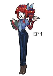 1girl :d aida_(aidacamelia0516) ankle_boots belt black_belt black_eyes black_mouth blue_bow blue_necktie blue_pants blue_shirt boots bow breasts bridal_gauntlets bright_pupils brown_boots clipboard collared_shirt commentary drill_hair facial_mark full_body gangle_(the_amazing_digital_circus) hair_bow hair_intakes hands_up heterochromia highres holding holding_clipboard holding_pen humanization legs_together looking_at_viewer medium_hair mismatched_pupils necktie official_alternate_costume open_mouth pants pen red_hair shirt shirt_tucked_in side_drill sidelocks simple_background skinny small_breasts smile solo standing star_(symbol) star_facial_mark symbol-only_commentary the_amazing_digital_circus tiptoes white_background white_eyes white_facepaint white_pupils